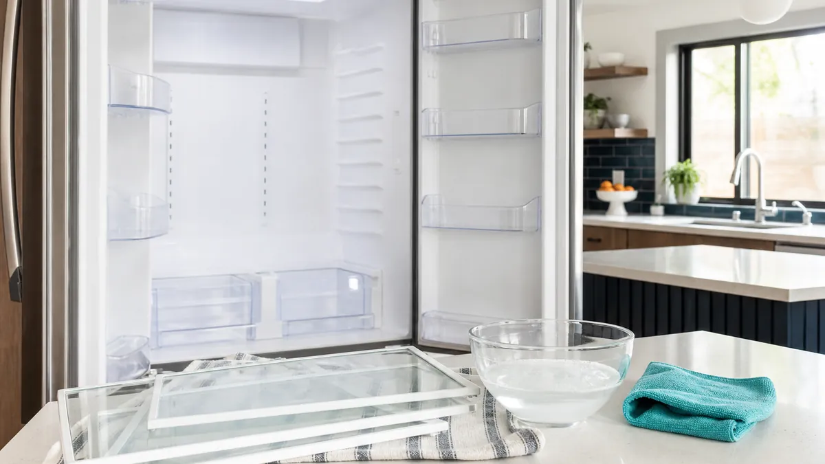 Empty refrigerator being cleaned, with glass shelves drying and a bowl of baking soda water on the counter