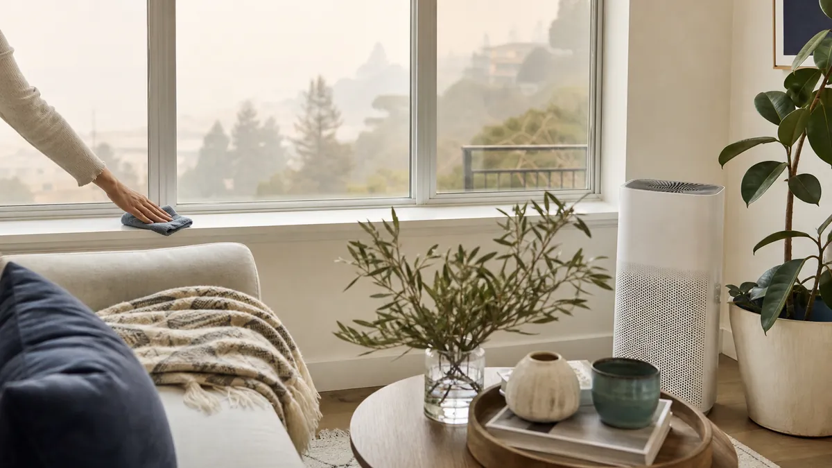 Damp microfiber cloth wiping fine dust from a windowsill on a hazy day, with an air purifier in a Bay Area living room