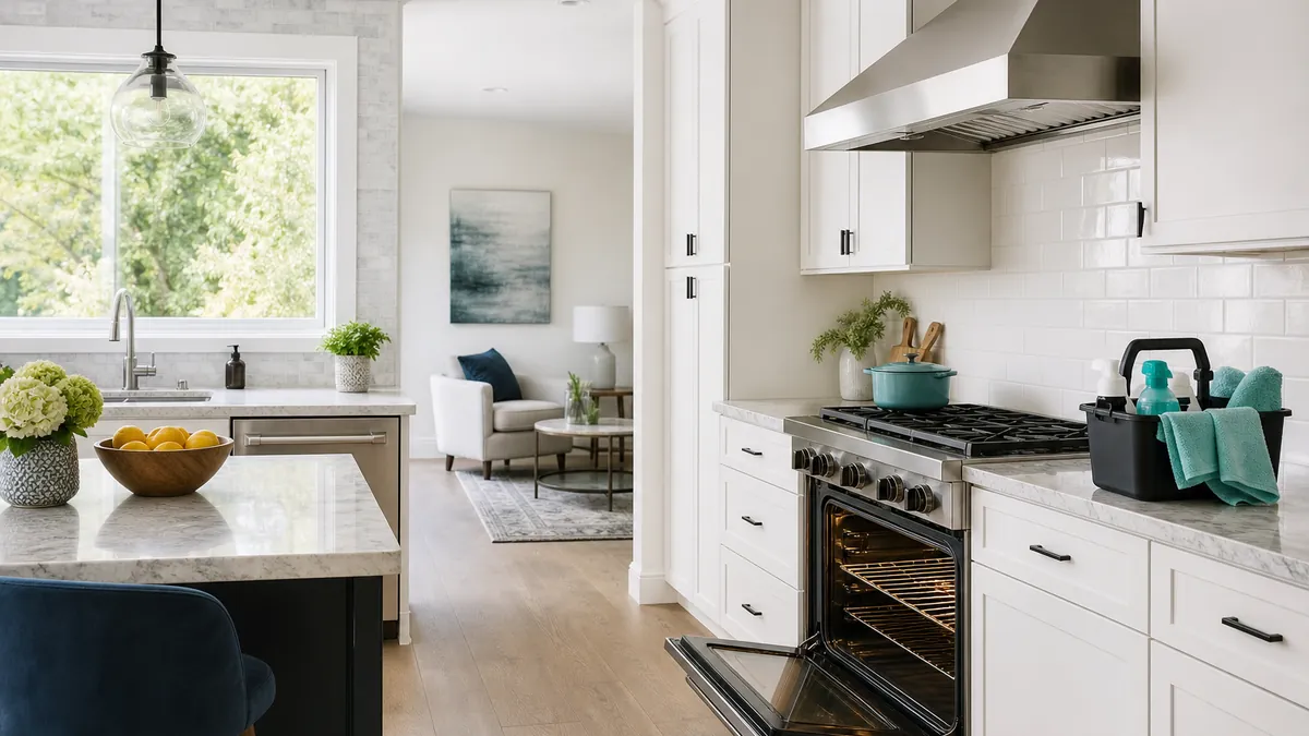 Bright kitchen with tidy counters and a detailed clean of the oven and range hood