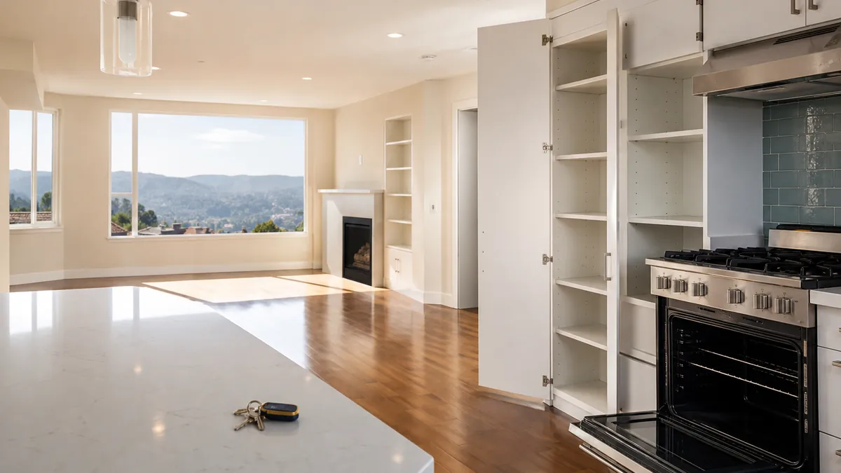 Empty Bay Area apartment after a move-out cleaning, with keys on the kitchen counter